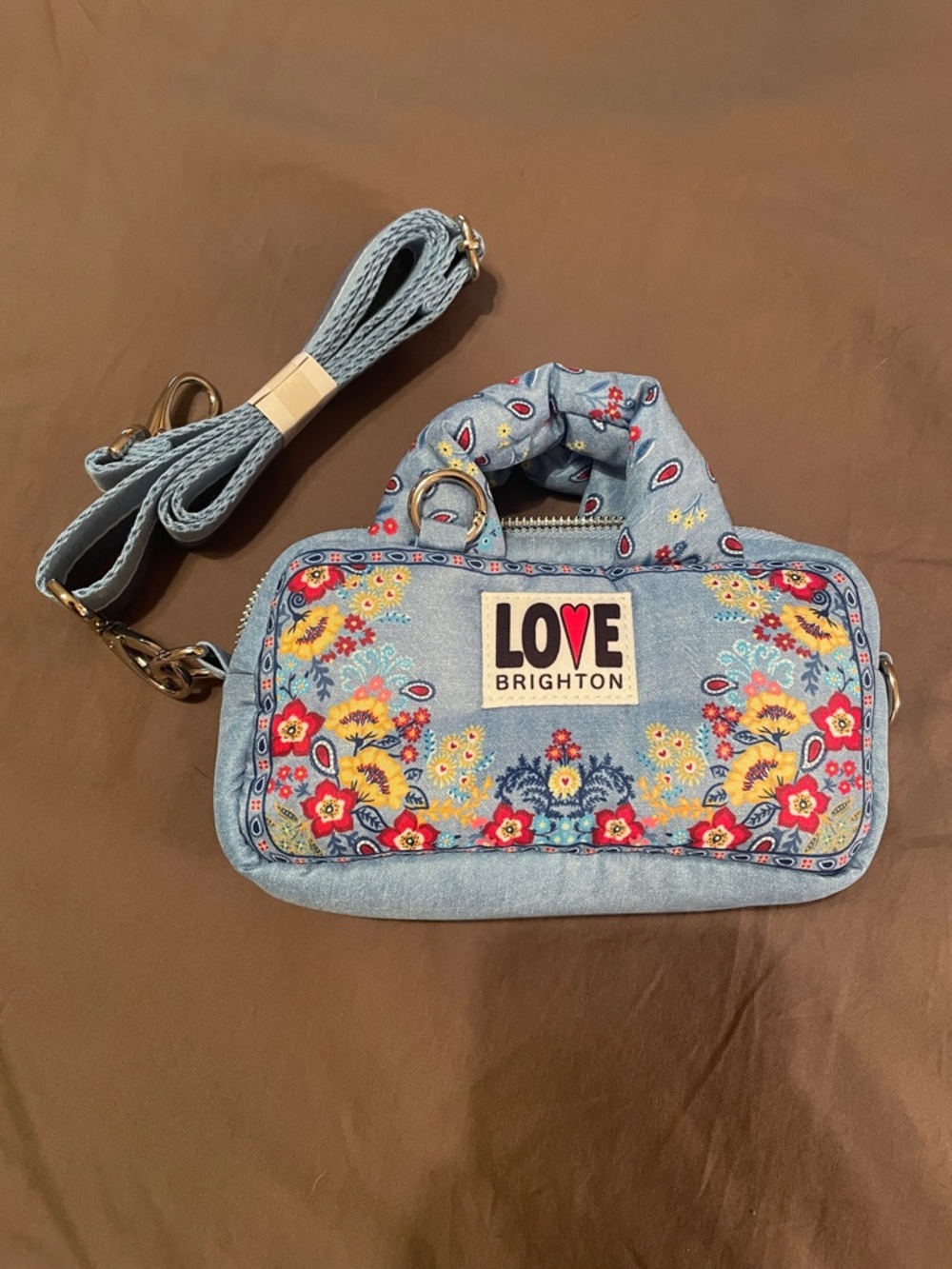 Brighton Floral Denim Crossbody Bag in Light Blue with Removable Strap